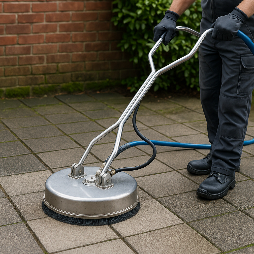 Nettoyage de sol extérieur en klinkers à la monobrosse haute pression par TERAS à Bruxelles